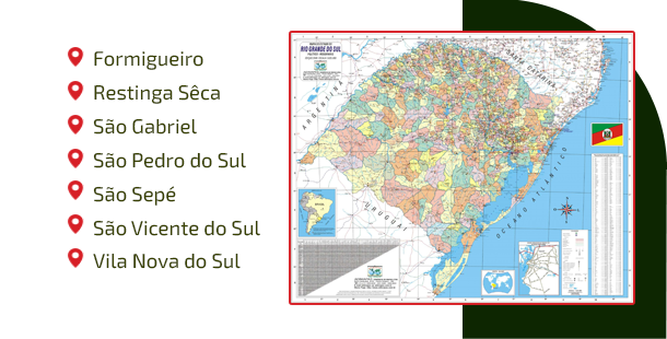 Atualmente desenvolve suas atividades em sete cidades do Rio Grande do Sul: Formigueiro; Restinga Sêca; São Gabriel; São Pedro do Sul; São Sepé; São Vicente do Sul; Vila Nova do Sul.